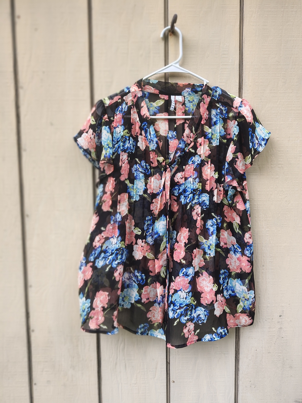 ELLE Floral Whimsygoth Top Sheer Forest Fairy Black Blue Popover Large Flowy